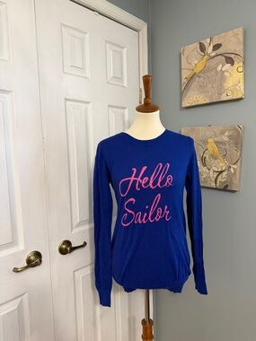 Hello Sailor Blue Knit Sweater with Pink Script